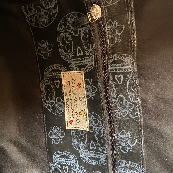 Italian Larettamia black leather and suede backpack with skull and flower motif main image 5
